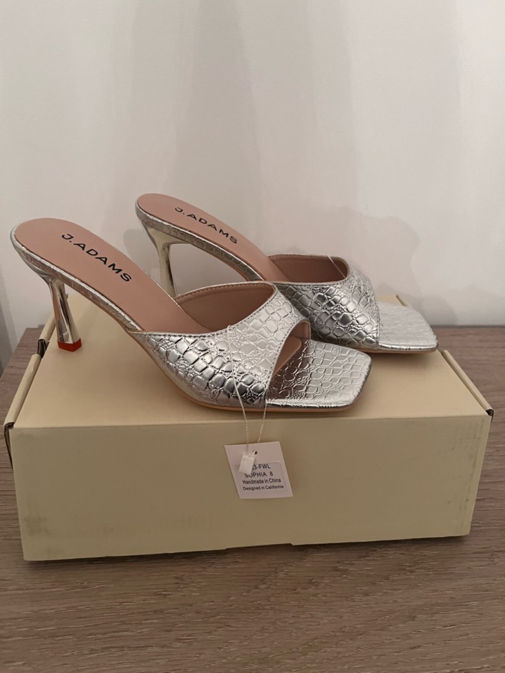 J Adams Silver Croc-Embossed Open-Toe Mid Heel Mules